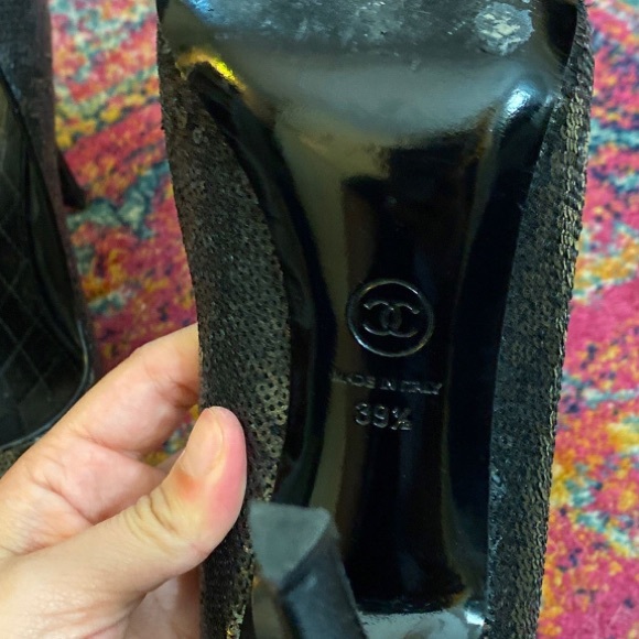 Auth CHANEL Black Sequins CC Heels Pumps 39.5 - Picture 7 of 7